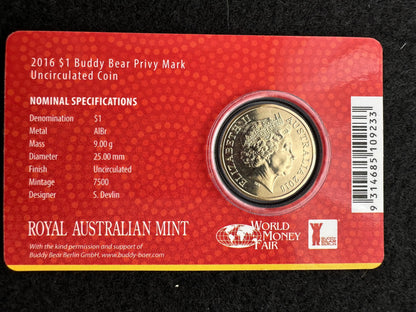 2016 $1 One Dollar World Money Fair Buddy Bear Privy Mark Carded Coin