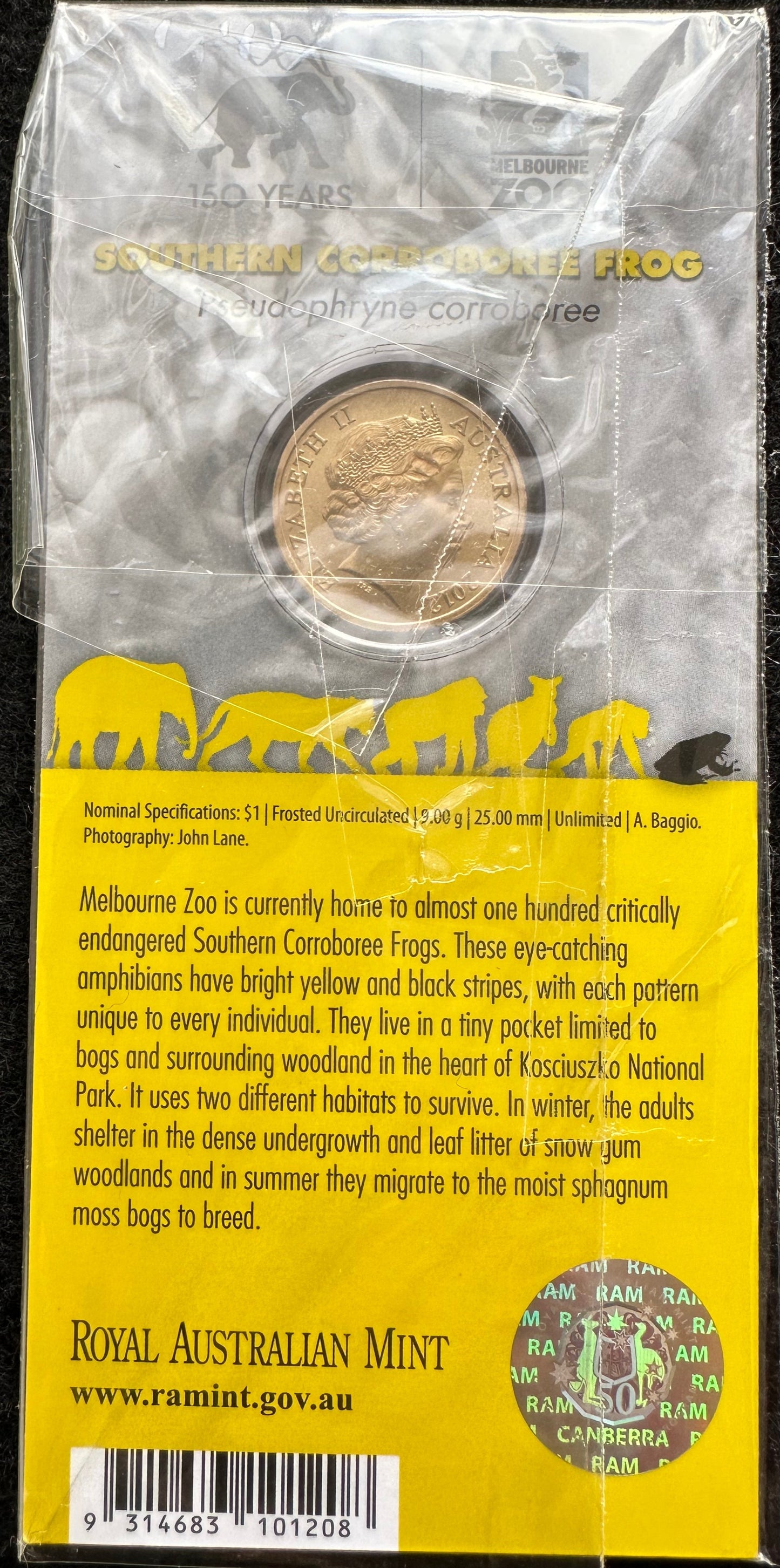 2012 $1 Animals of the Zoo Series coloured coin - Southern Corroboree Frog