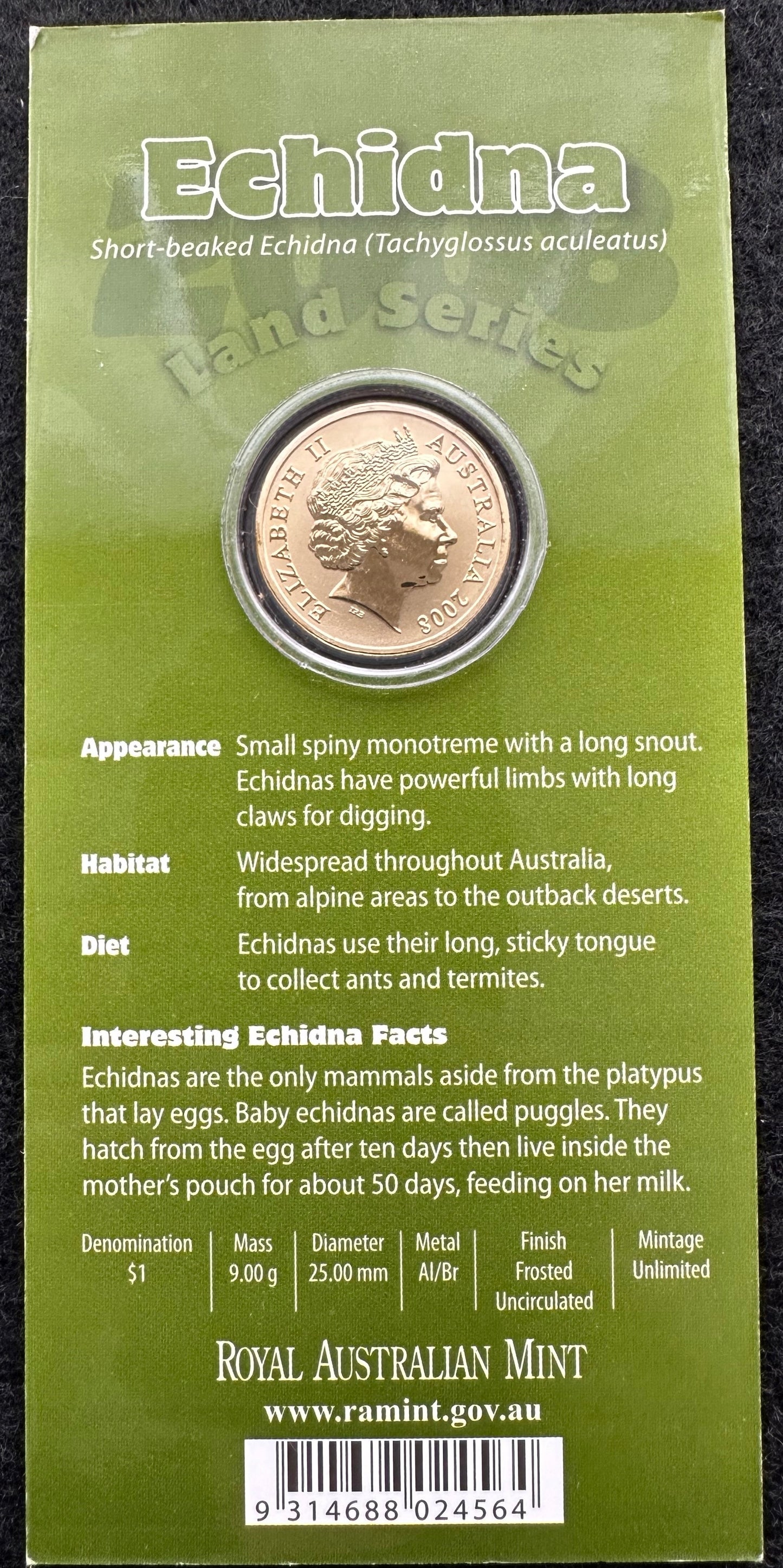 2009 Land Series - Echidna One Dollar ($1) Uncirculated Australian Decimal Coin