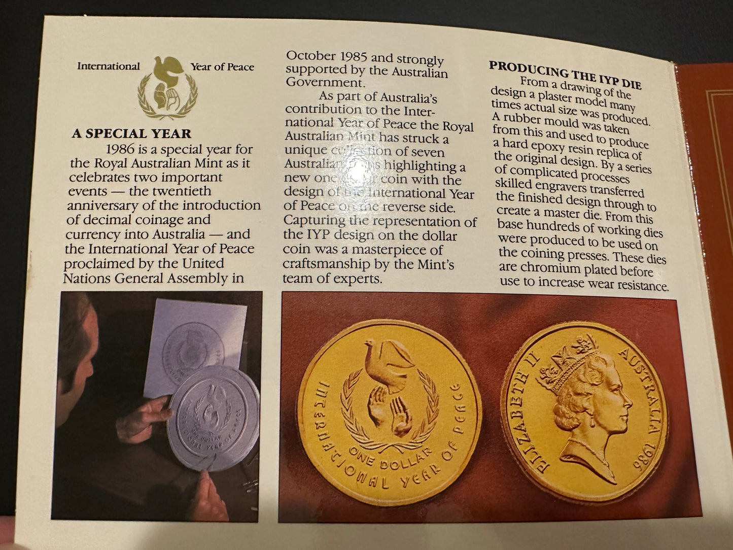 1986 " International Year of peace" 7 Uncirculated mint coin set "$1 peace coin"