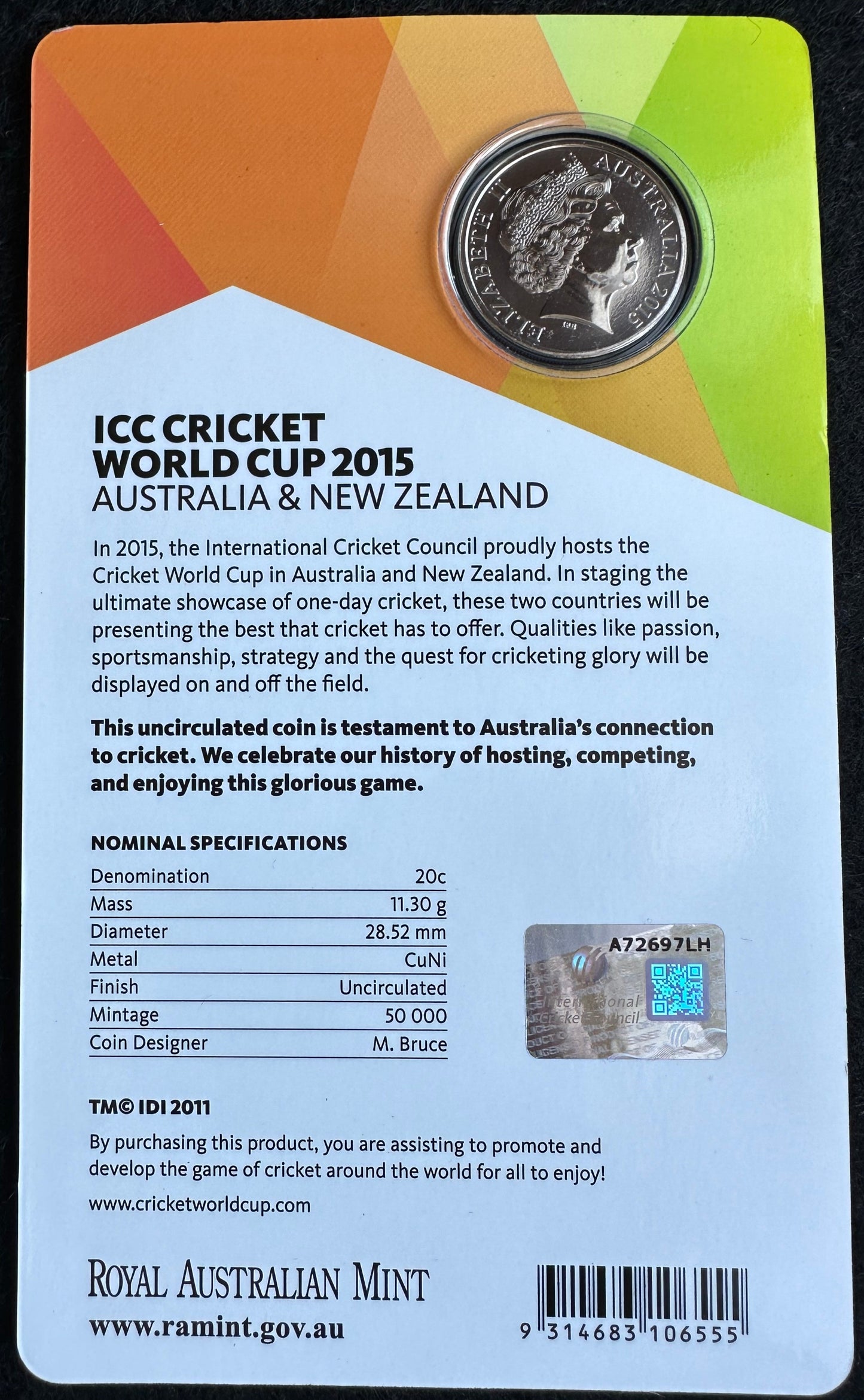 2015 20 cent ICC Cricket World Cup CWC Collection carded coin