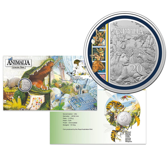 2021 Coloured 20 cent Animalia 35th Anniversary Stamp and Coin Cover PNC