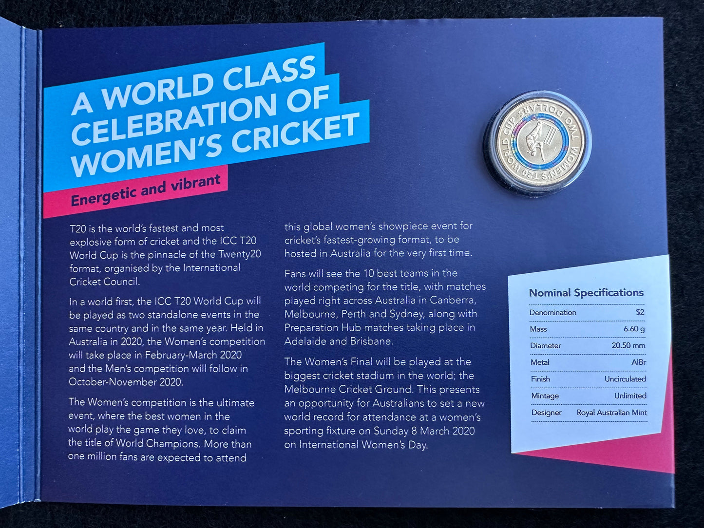 2020 $2 ICC Women's T20 World Cup coloured carded coin