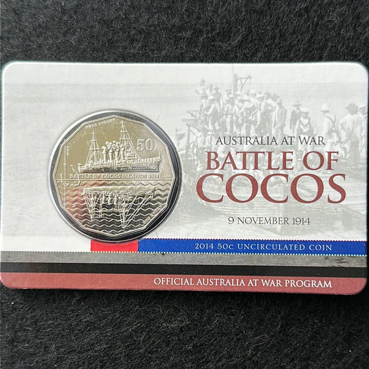 2014 50c Battle Of Cocos Island Uncirculated Coin on card