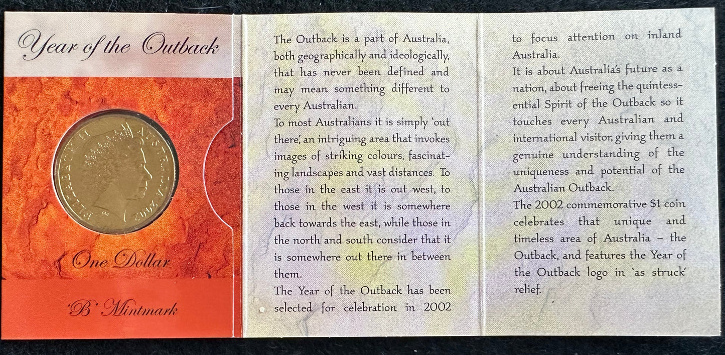 2002 Year of The Outback $1 One Dollar Coin in trifold card. “B Mint Mark”