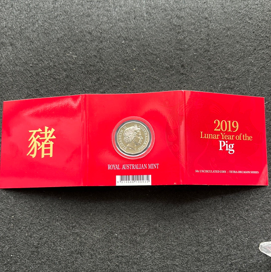 2019 Royal Australian Mint Fifty Cents 50c Lunar New Year of the Pig Tetra-Decagonal Lunar Series Coin