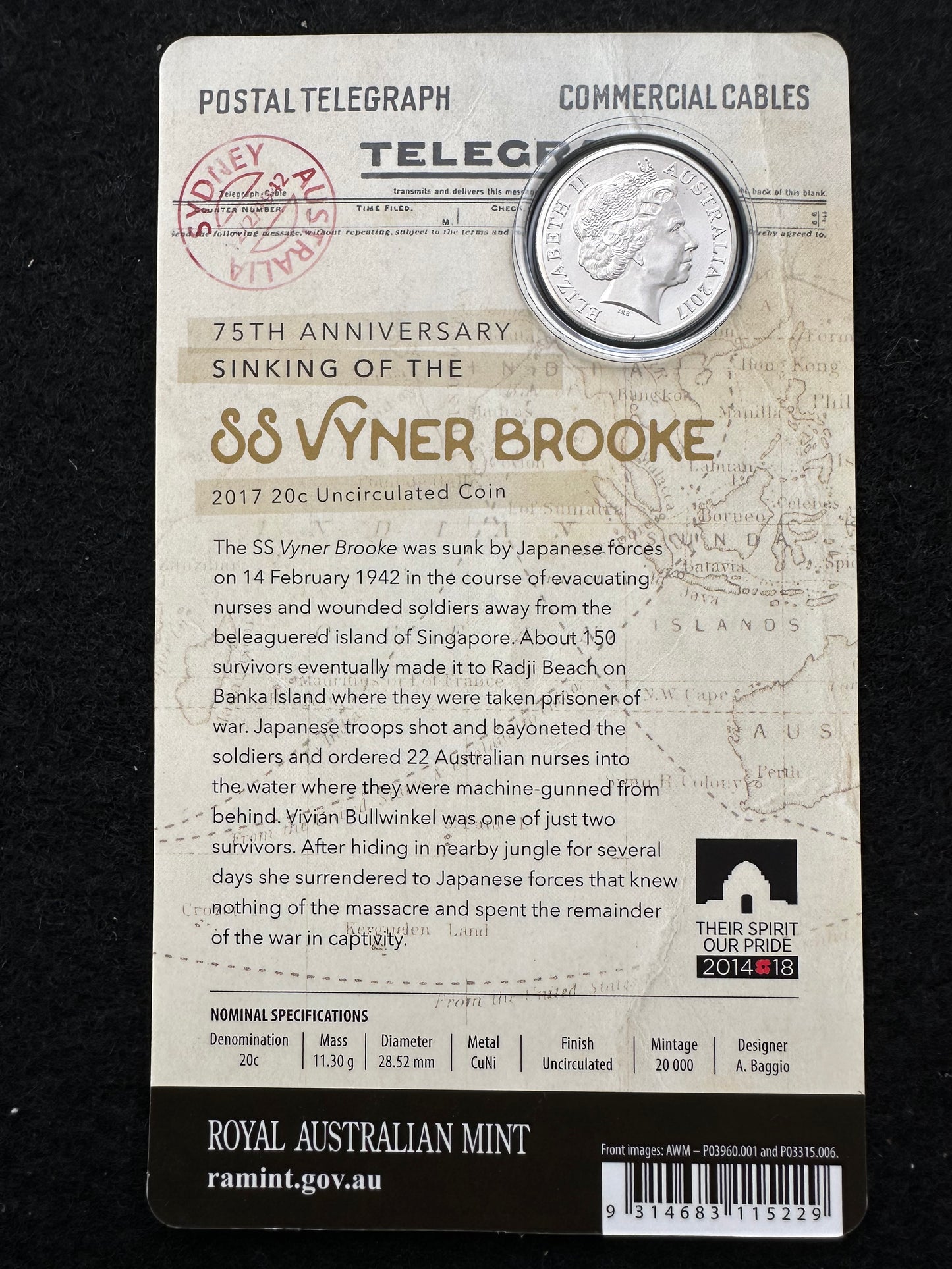 2017 50 cent 75th Anniversary Sinking of the SS Vyner Brooke Coin on card