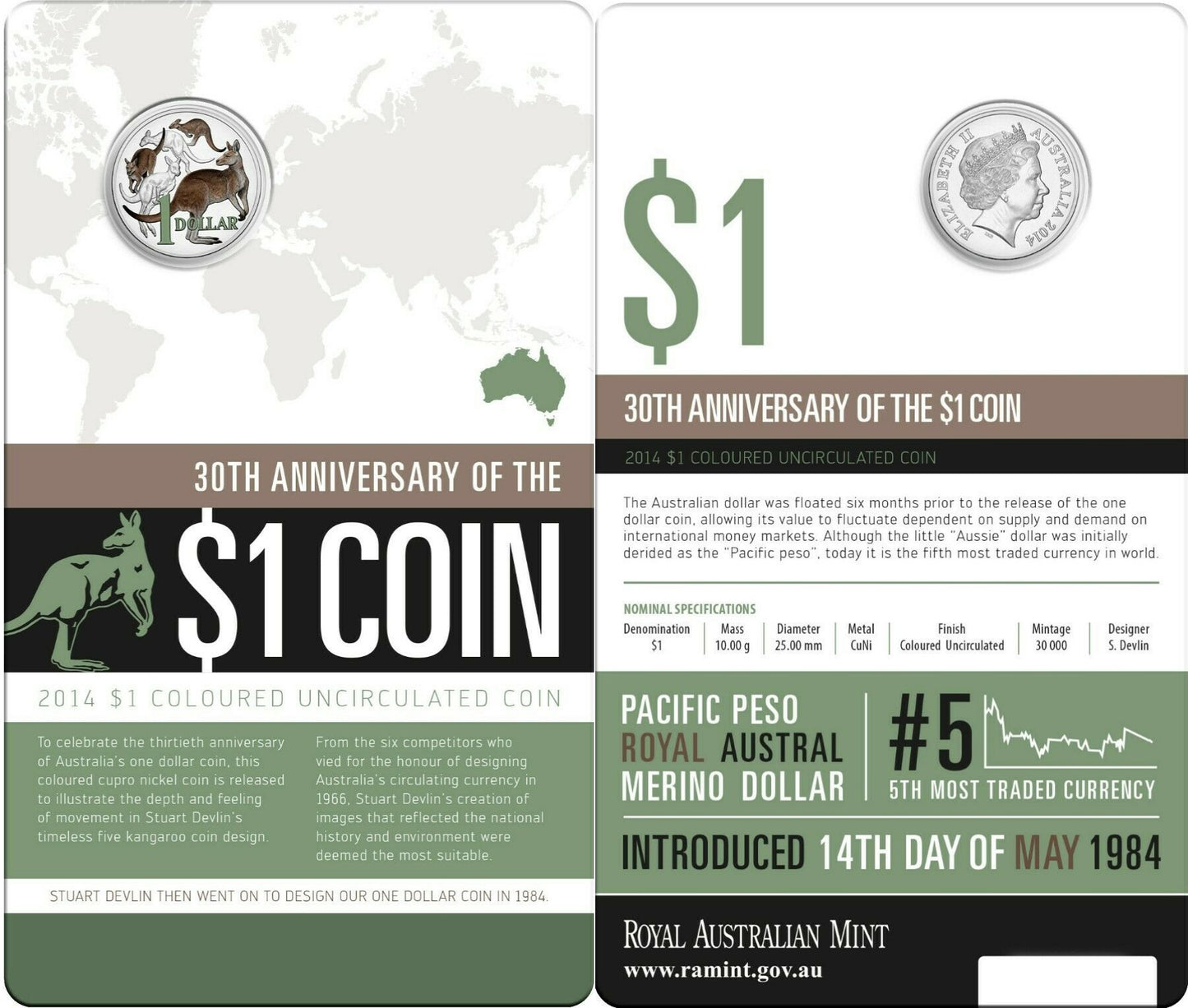 2014 30th Anniversary of the $1 Coin Coloured Uncirculated Coin