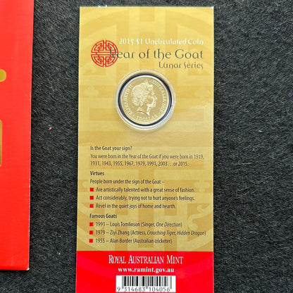 2015 $1 Lunar Year of the Goat Al Br Unc Coin in RAM Card