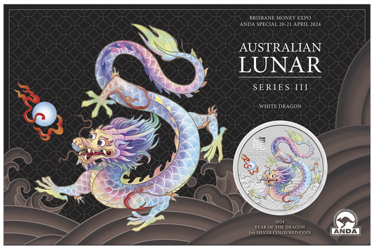 2024 Brisbane ANDA Money Expo - Year Of The Dragon White Dragon 1oz Silver Coloured Coin