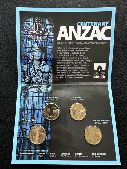 2015 Centenary of ANZACS Four $1 coin privy mark