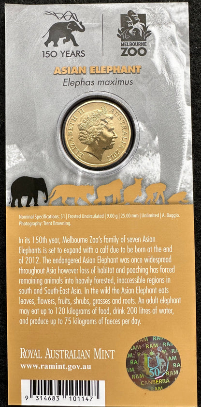 2012 $1 Animals of the Zoo Series coloured coin - Asian Elephant