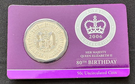 2006 Her Majesty Queen Elizabeth II 80th Birthday 50 cent coin on wallet card