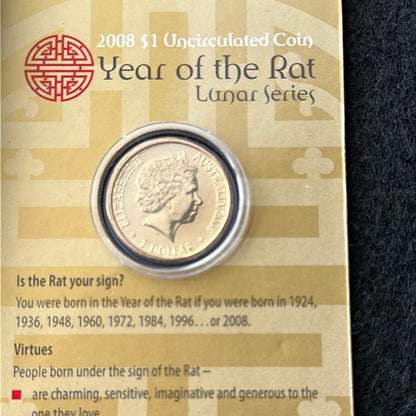 2008 $1 Lunar Year of the Rat Al Br Unc Coin in RAM Card