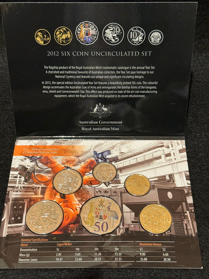 2012 Royal Australian Mint Six Coin Unc Set - Hyper-metallic Printed 50c