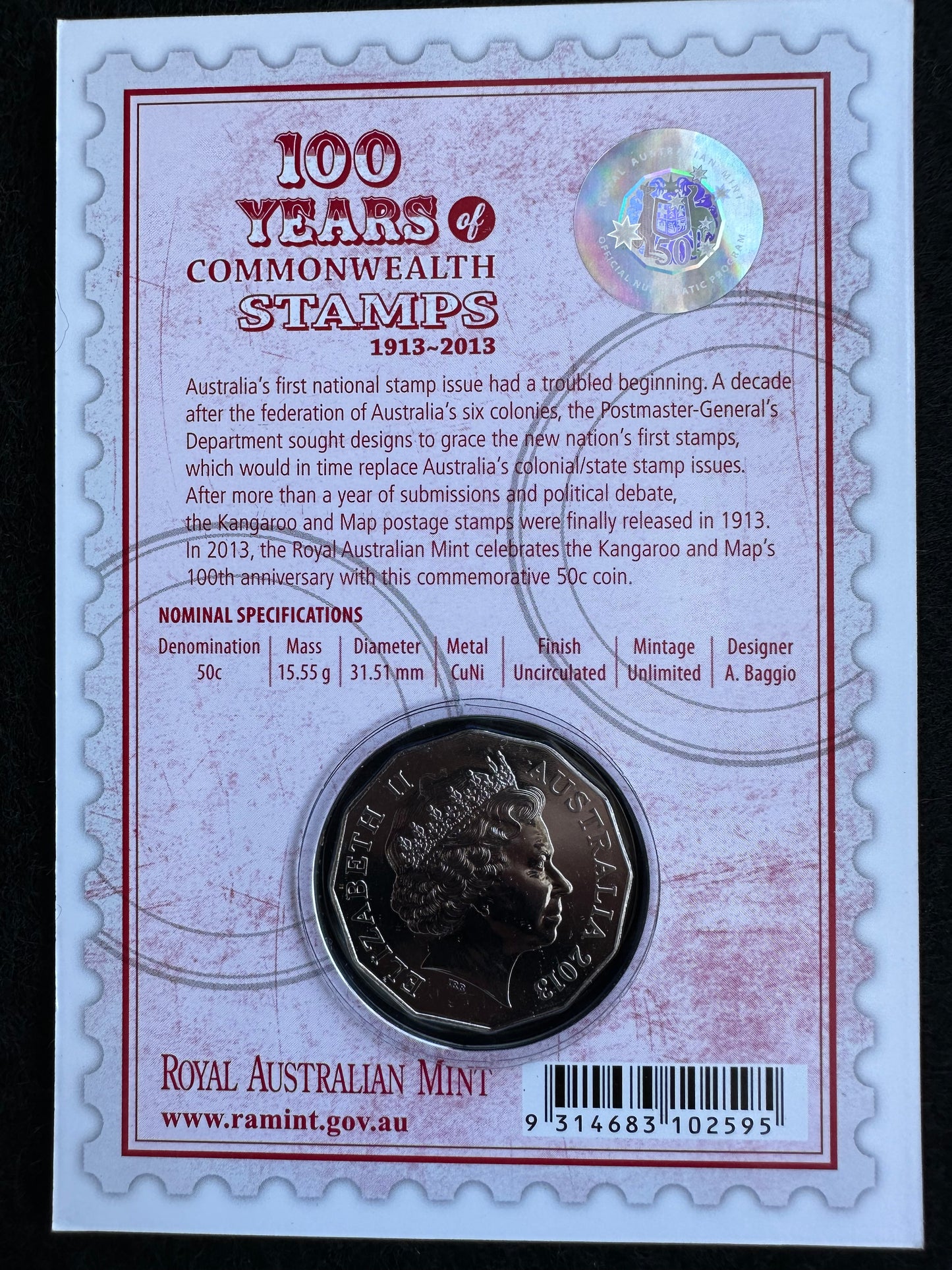 2013 50 cent 100 Years of Commonwealth Stamps carded coin