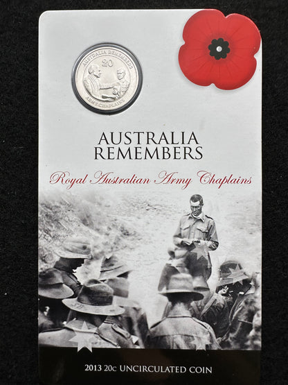 2013 20 cent Australia Remembers Royal Australian Army Chaplain Coin on card