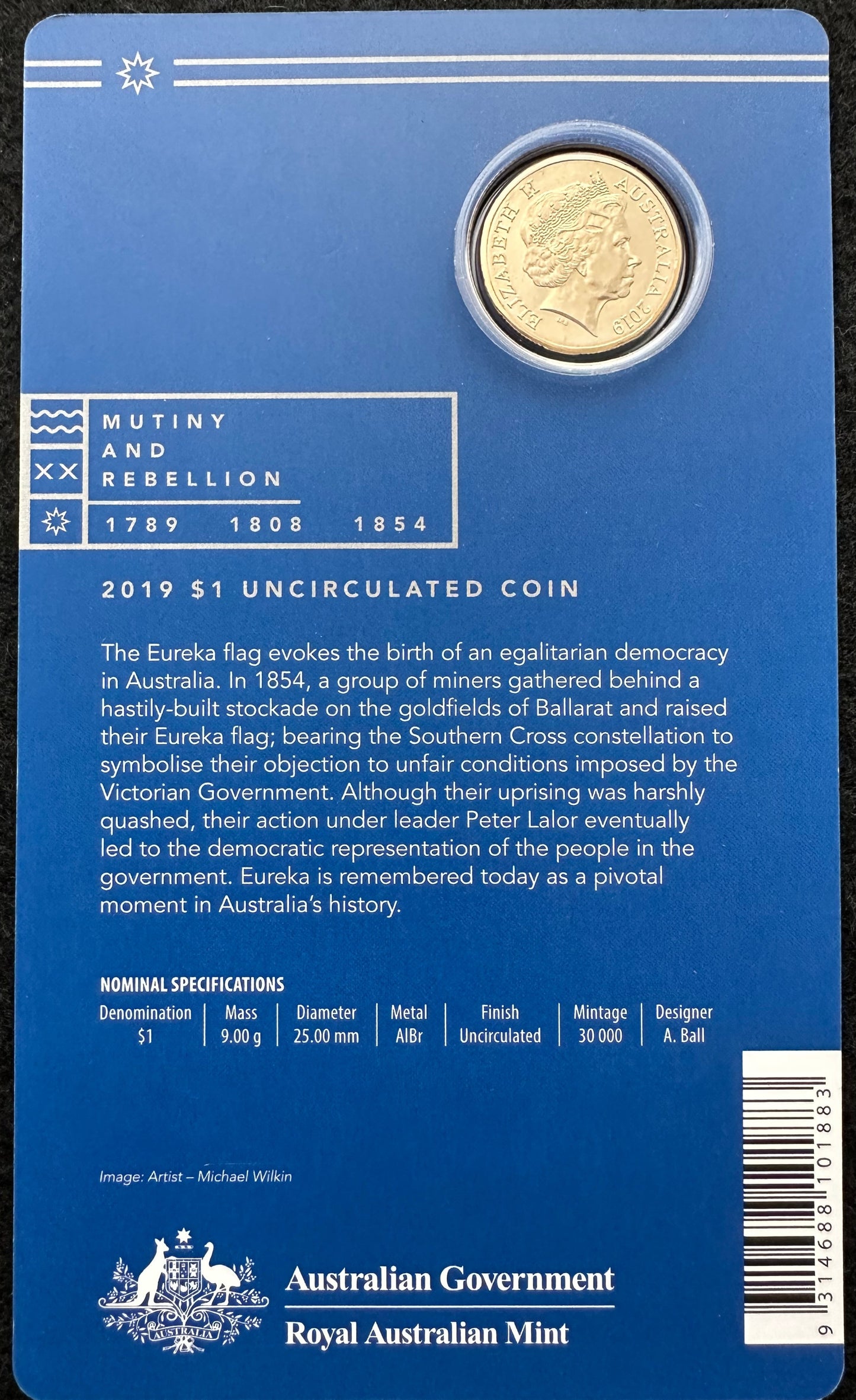 2019 $1 The Eureka Stockade 1854 coin on card