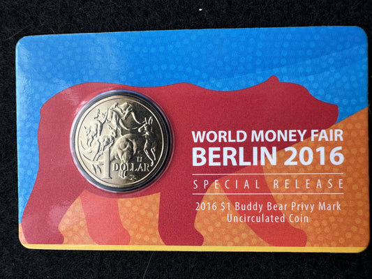 2016 $1 One Dollar World Money Fair Buddy Bear Privy Mark Carded Coin