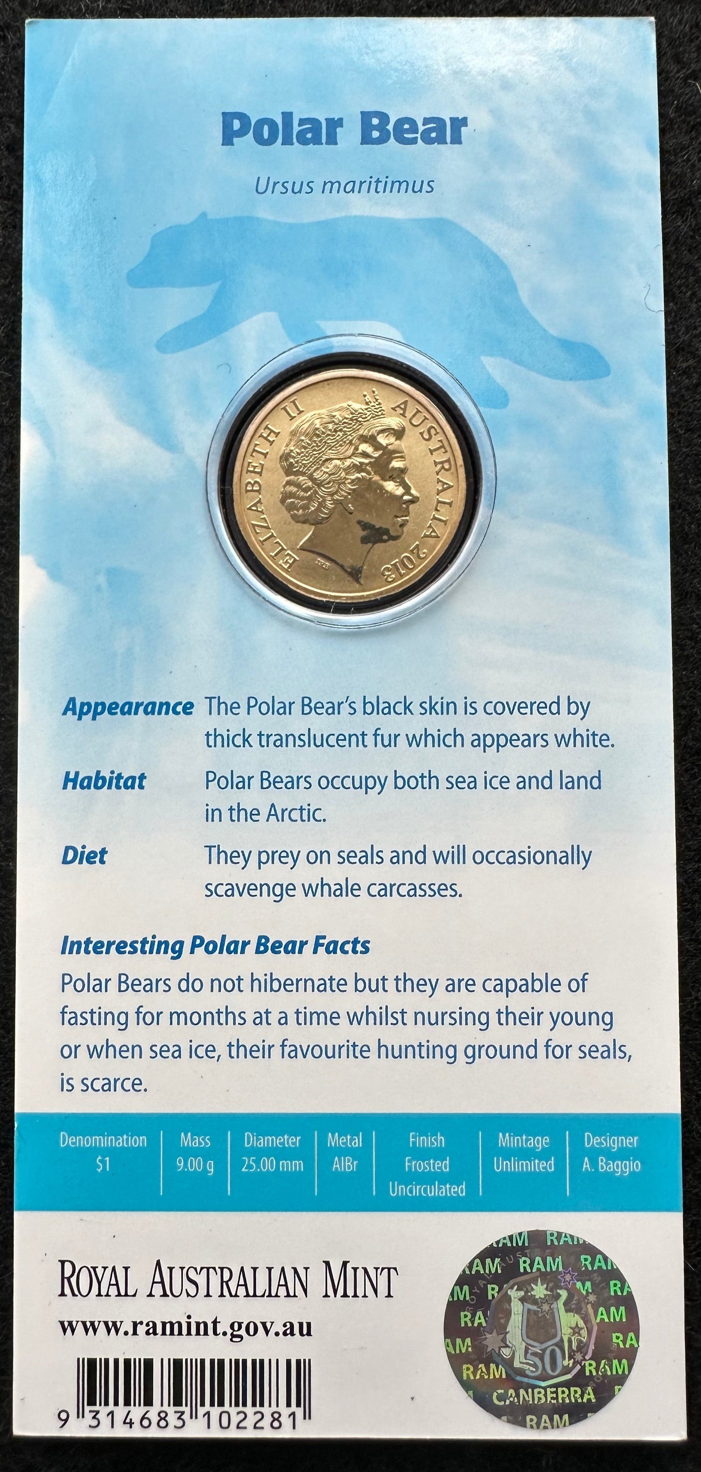 2013 $1 Polar Animals Series coloured coin - Polar Bear