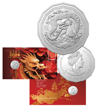 2024 50c Year of the Dragon Tetradecagon Coin and Stamp Cover PNC.