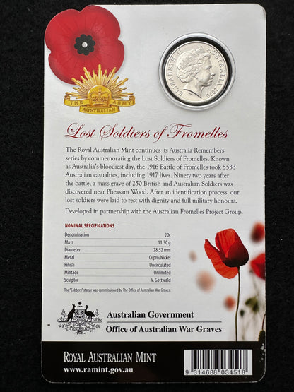 2010 20 cent Australia Remembers Lost Soldiers of Fromelles Coin on card