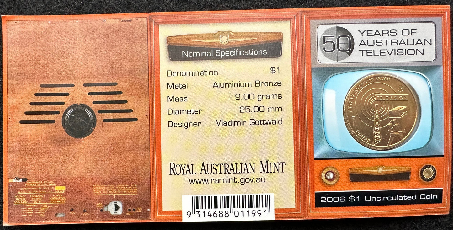 2006 50 Years of Australian Television "TV Mintmark" One Dollar Coin in Ram Card