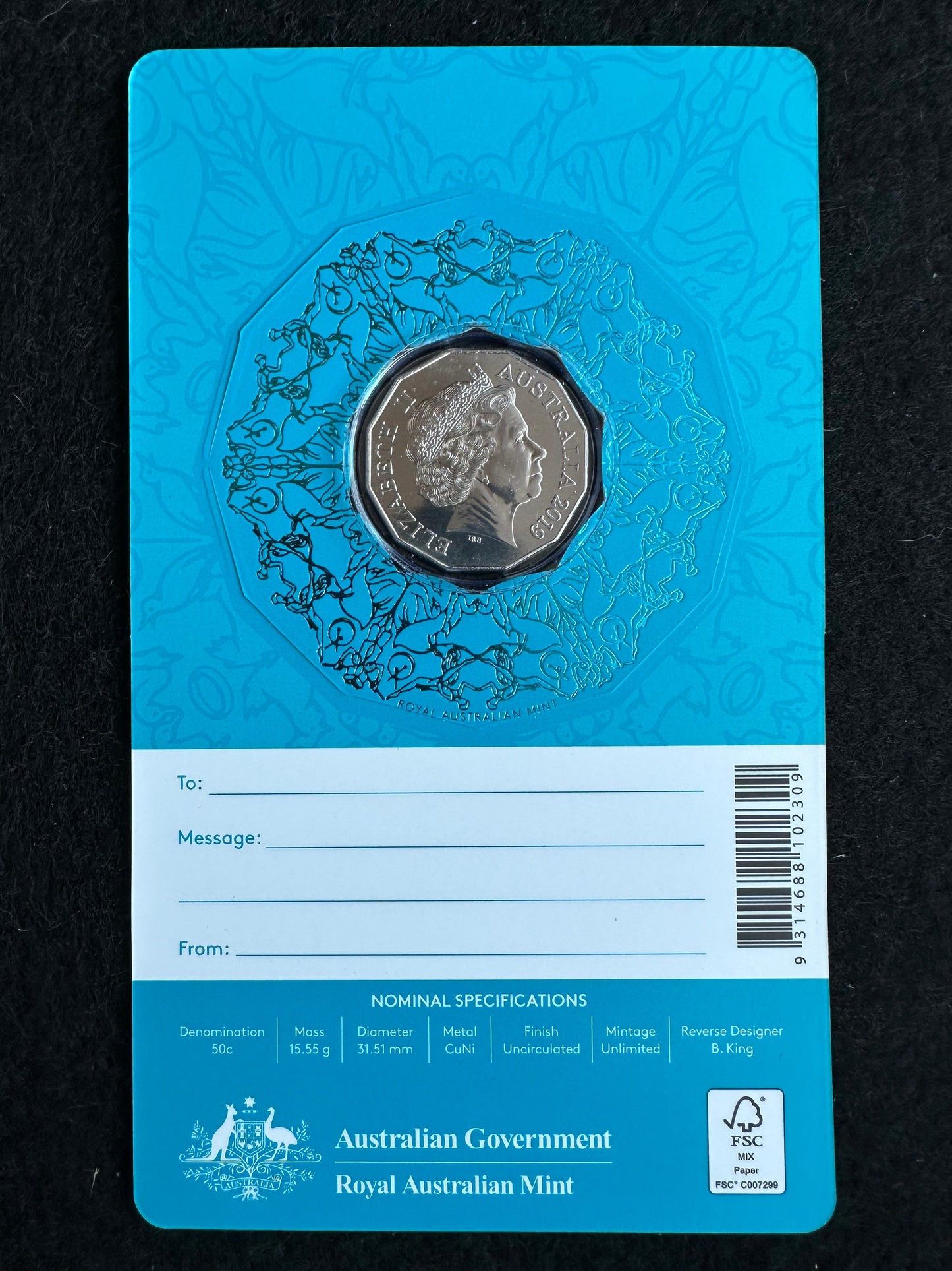 2019 'BLUE" Fifty Cent The Twelve Days of Christmas (50c) Uncirculated Australian Decimal Coin