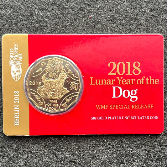 2018 Lunar Series Year of the Dog Gold Plated 50 cent coin on card