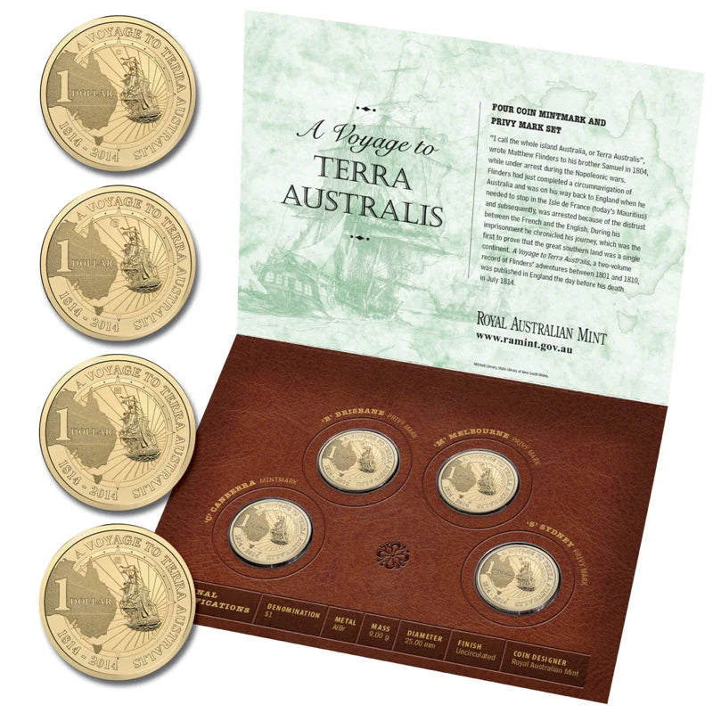 2014 $1 A Voyage to Terra Australis BCMS 4 Coin Set UNC