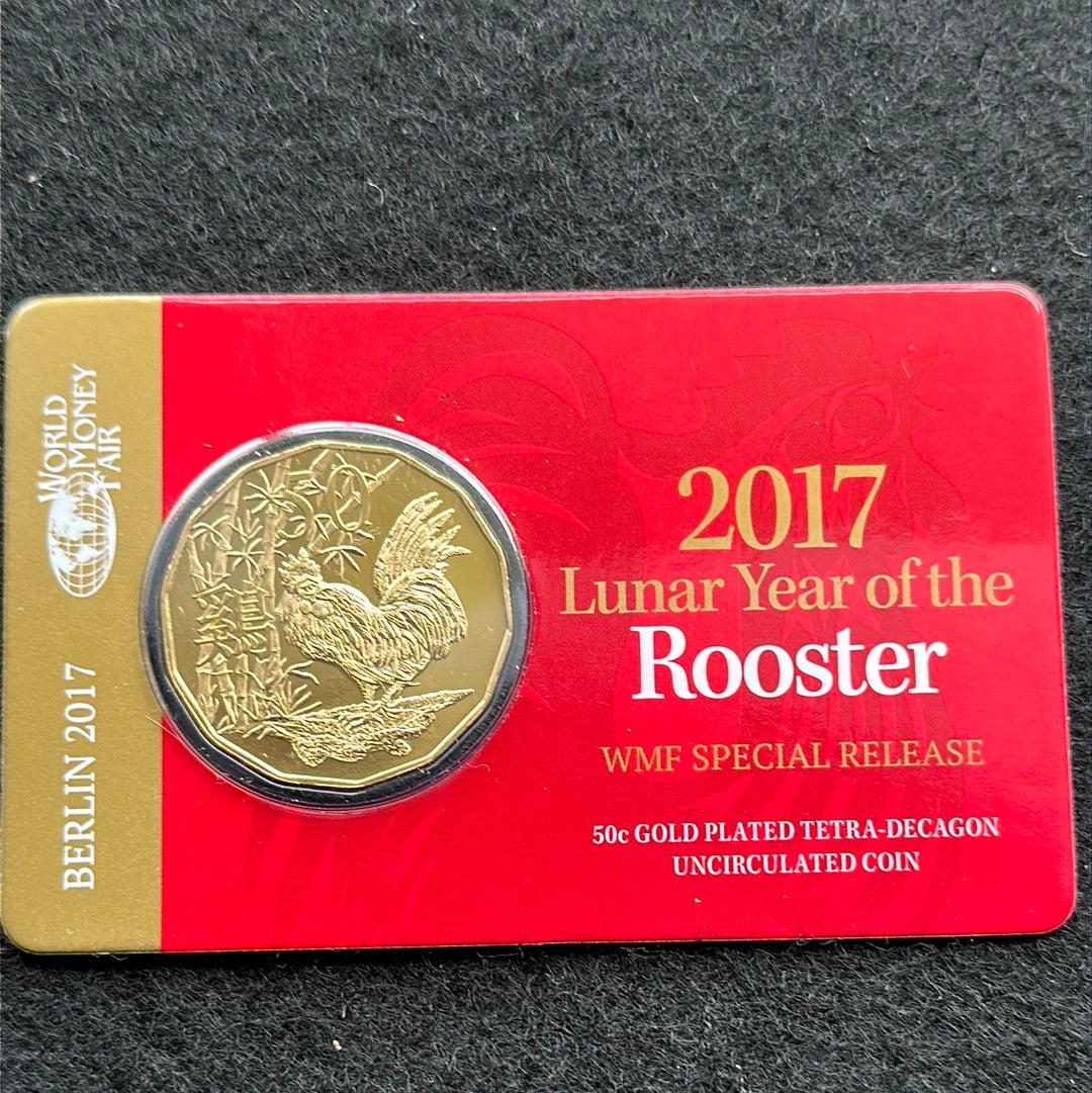 2017 Fifty Cent World Money Fair Year of the Rooster Gold Plated Tetra-Decagon (50c) Uncirculated Australian Decimal Coin Berlin Coin Issue