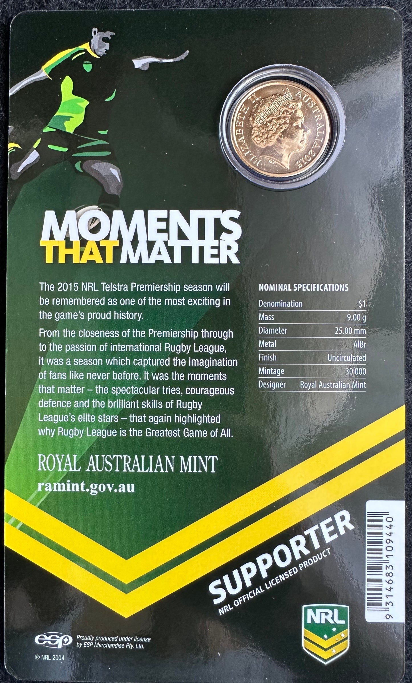 2015 $1 Moments that Matter NRL Premiership 'S' Sydney Counterstamp Coin UNC