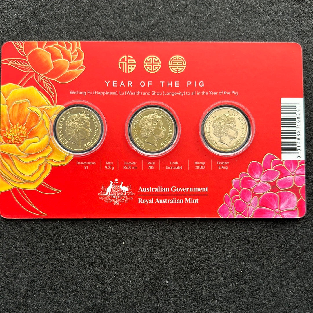 2019 Year of the Pig One Dollar ($1) Uncirculated Australian Decimal Three Coin Set