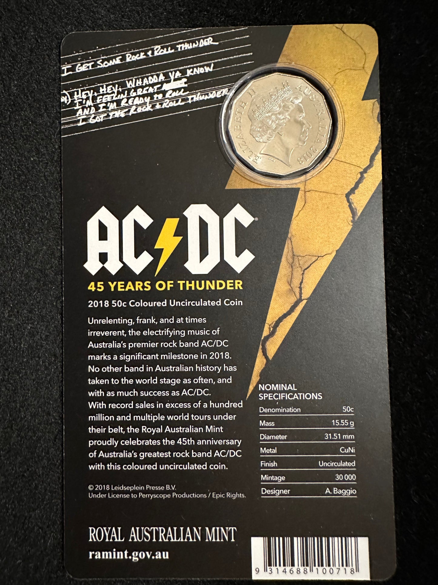 2018 50 Cents AC/DC 45 Years of Thunder Coloured Uncirculated (50c) Coin in Card