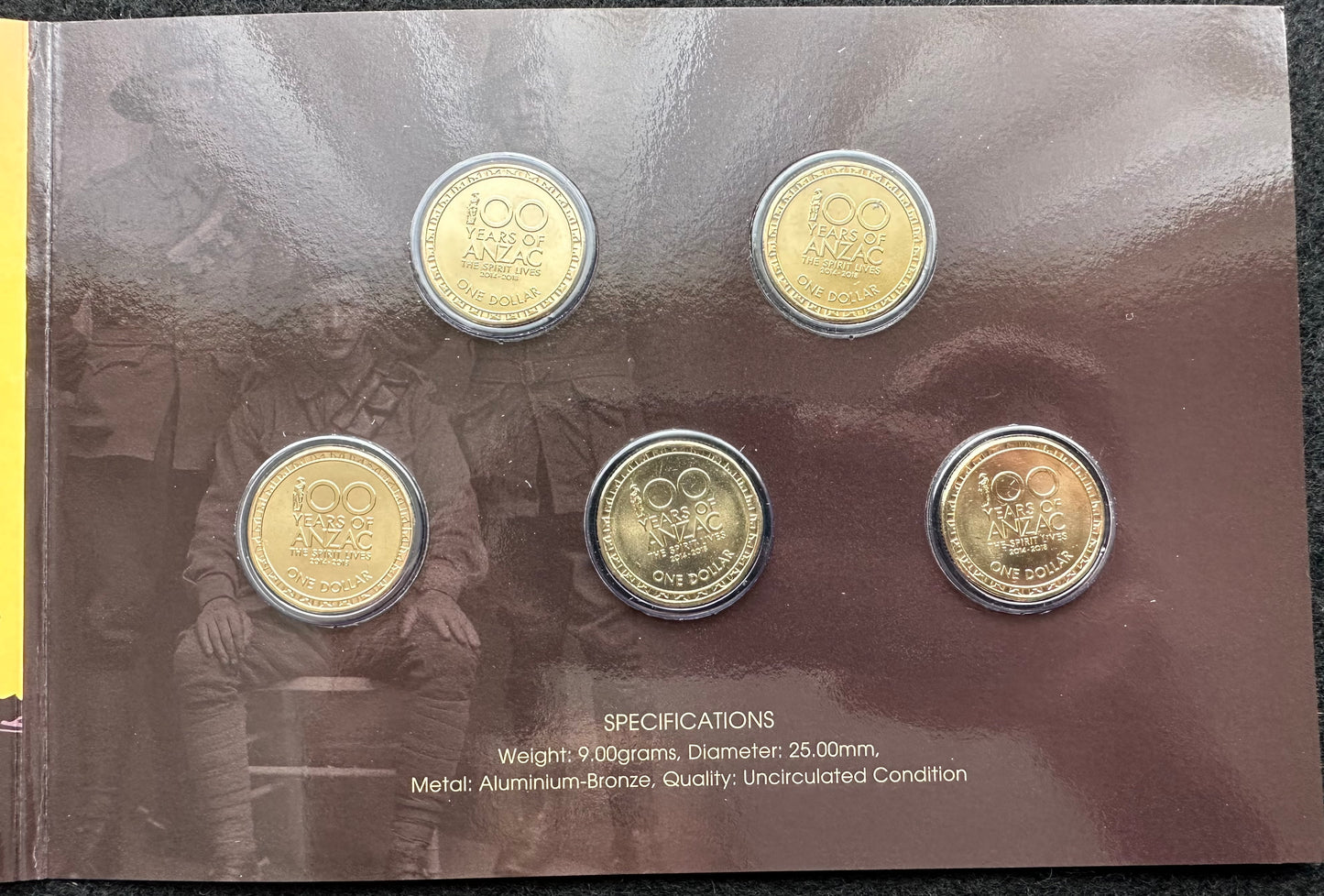 First World War Centenary The Spirit Lives 2014-2018 $1 Dollar 5 coin set