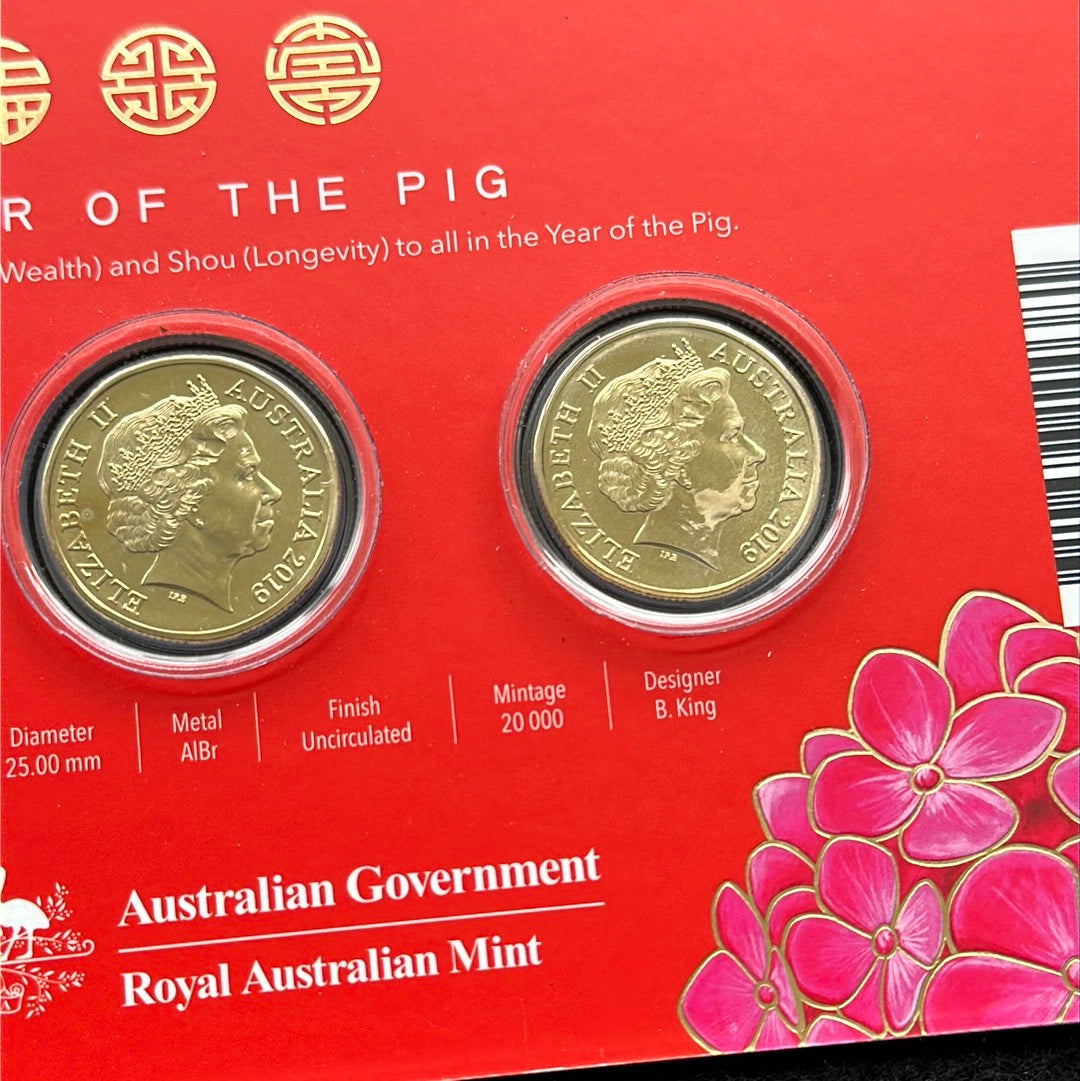 2019 Year of the Pig One Dollar ($1) Uncirculated Australian Decimal Three Coin Set