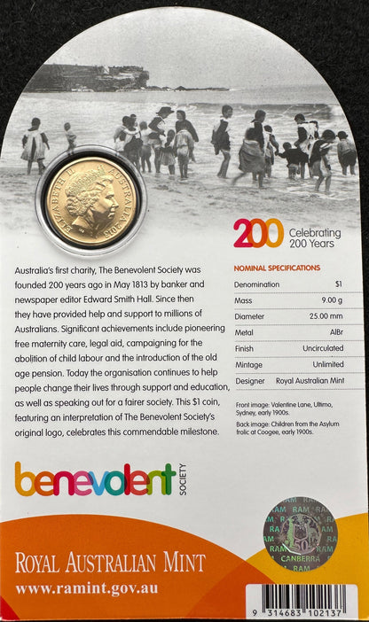 2013 200 years of the Benevolent Society 1$ One Dollar UNC Coin on card