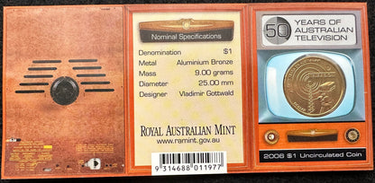 2006 50 Years of Australian Television "M Mintmark" One Dollar Coin in Ram Card