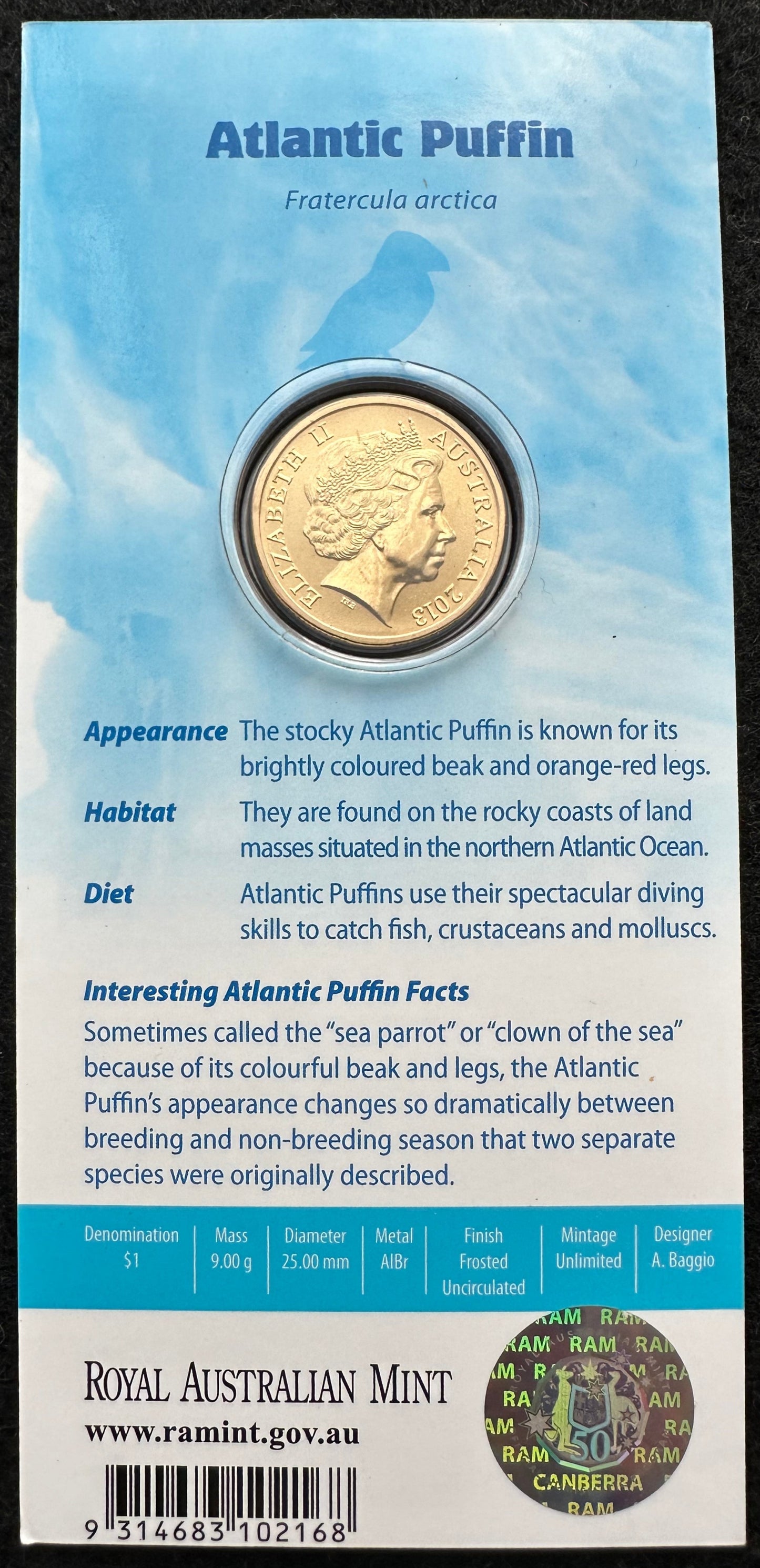 2013 $1 Polar Animals Series coloured coin - Atlantic Puffin