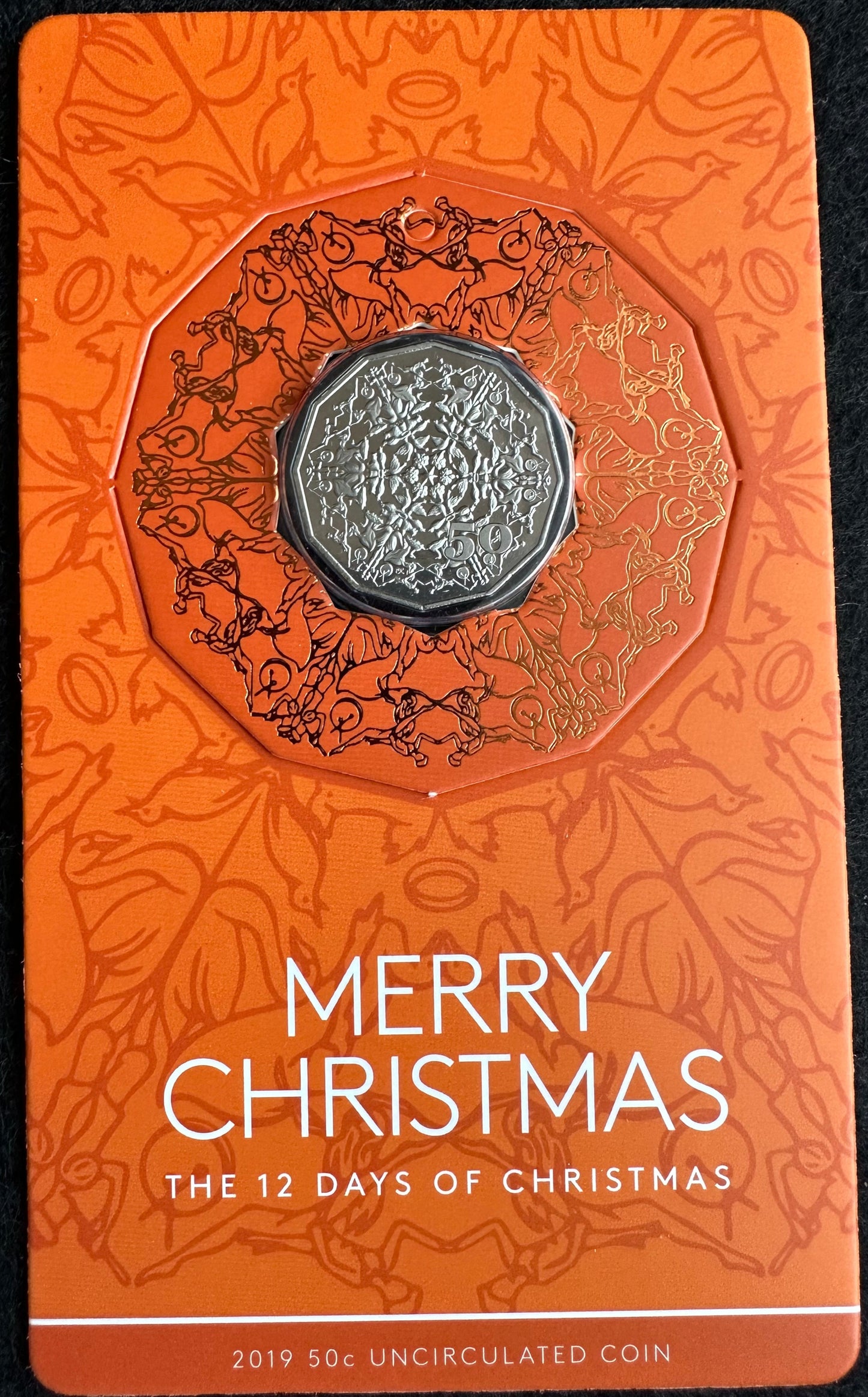 2019 'ORANGE" Fifty Cent The Twelve Days of Christmas (50c) Uncirculated Australian Decimal Coin