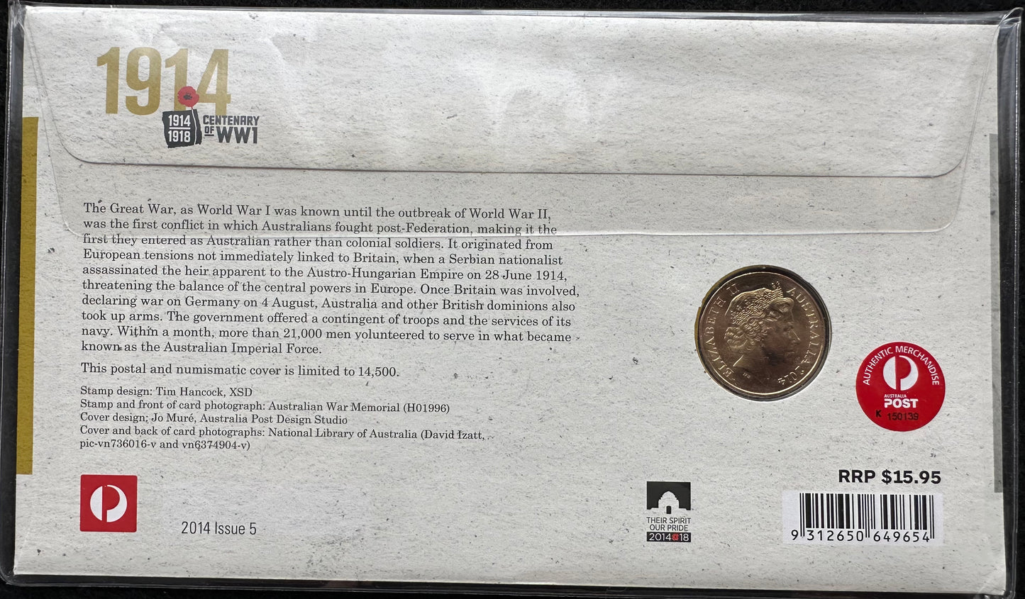 2014 $1 ANZAC Centenary of WWI - Our Boys Stamp and Coin Cover PNC