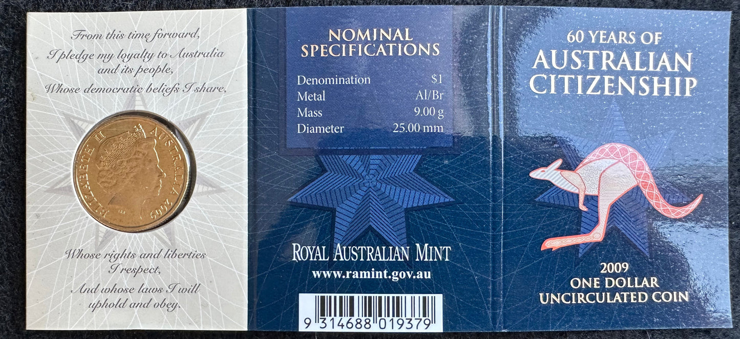 2009 $1 60 Years of Australian Citizenship M Mintmark carded coin