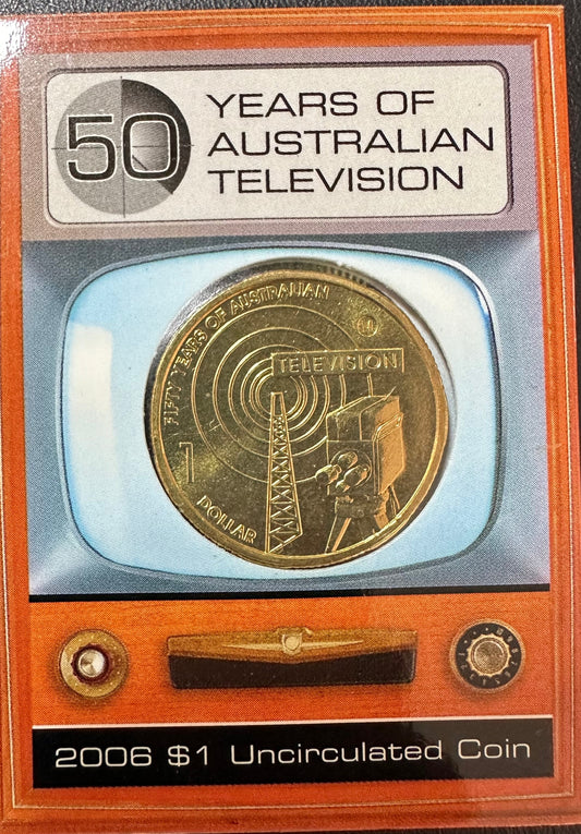 2006 50 Years of Australian Television "M Mintmark" One Dollar Coin in Ram Card