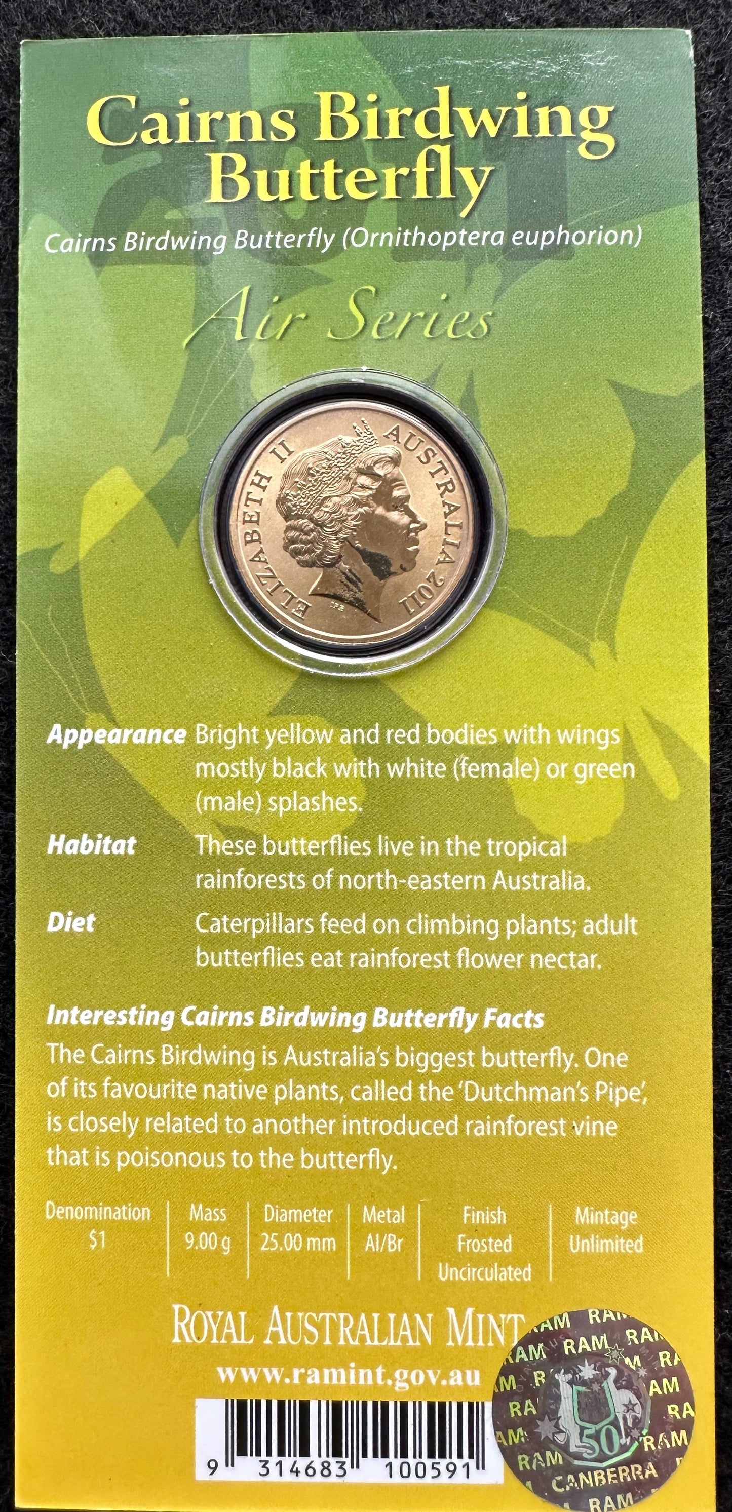 2011 $1 Air Series coloured coin - Cairns Birdwing Butterfly