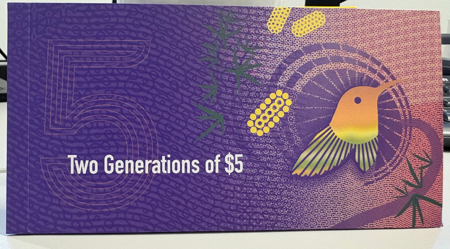 2015 $5 First Prefix Uncirculated note in Two Generations Banknotes Presentation Folder