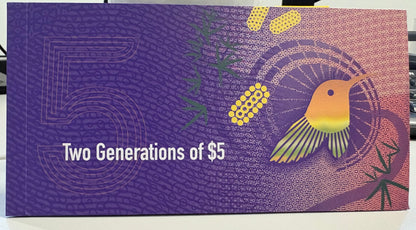 2015 $5 First Prefix Uncirculated note in Two Generations Banknotes Presentation Folder