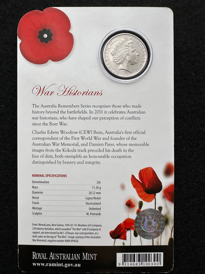 2011 20 cent Australia Remembers War Historians Coin on card