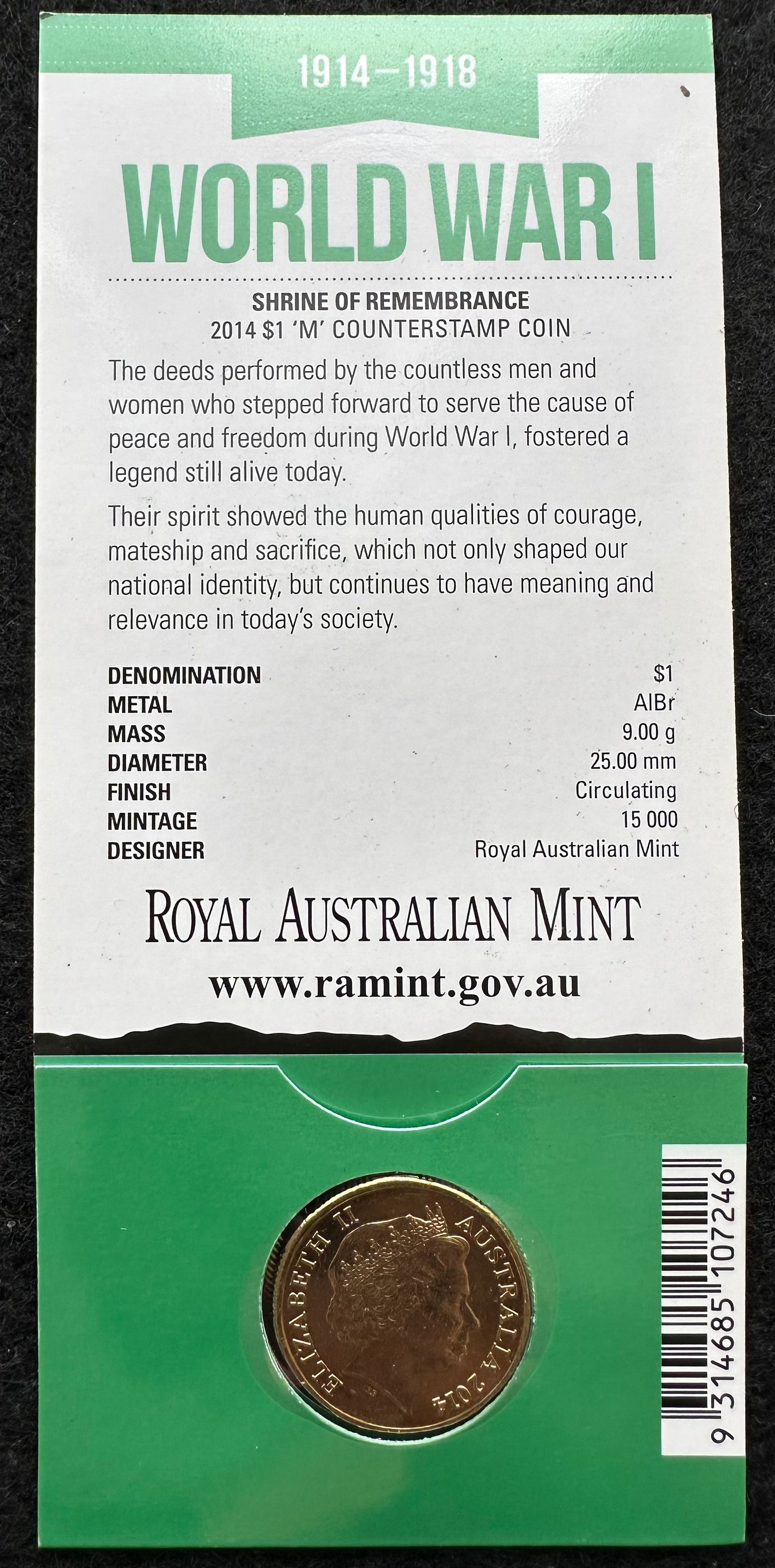 2014 $1 World War 1 Shrine of Remembrance M counterstamp