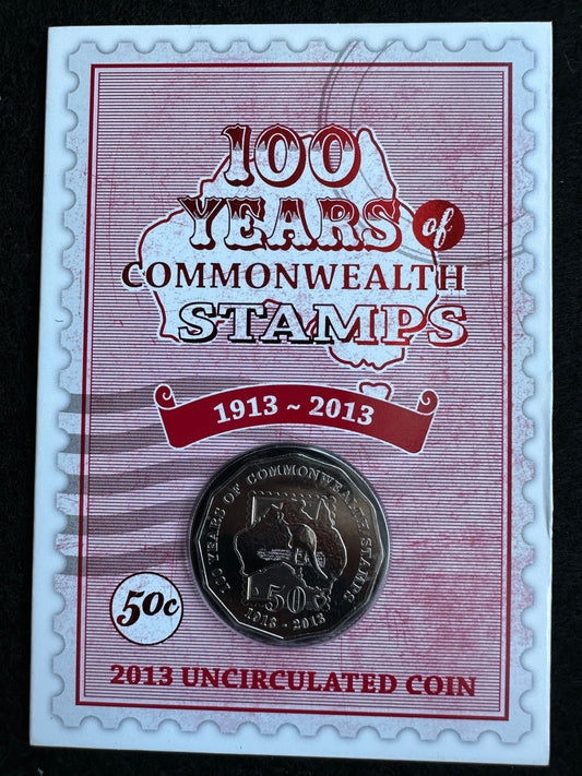 2013 50 cent 100 Years of Commonwealth Stamps carded coin