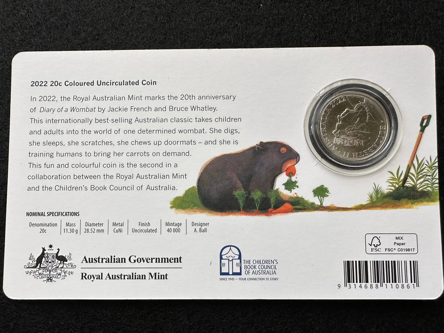 2022 20th Anniversary Diary of a Wombat Coloured 20c coin on card